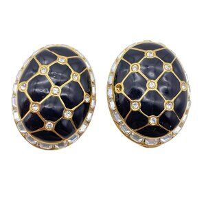 Vintage Swarovski Black enamel‎ quilted clip on earrings large rhinestones bling